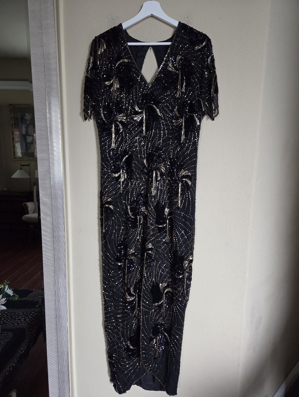 Vtg Vintage de Oscar Black Gold Beaded Formal Gown Flapper Dress 70s 80s 90s